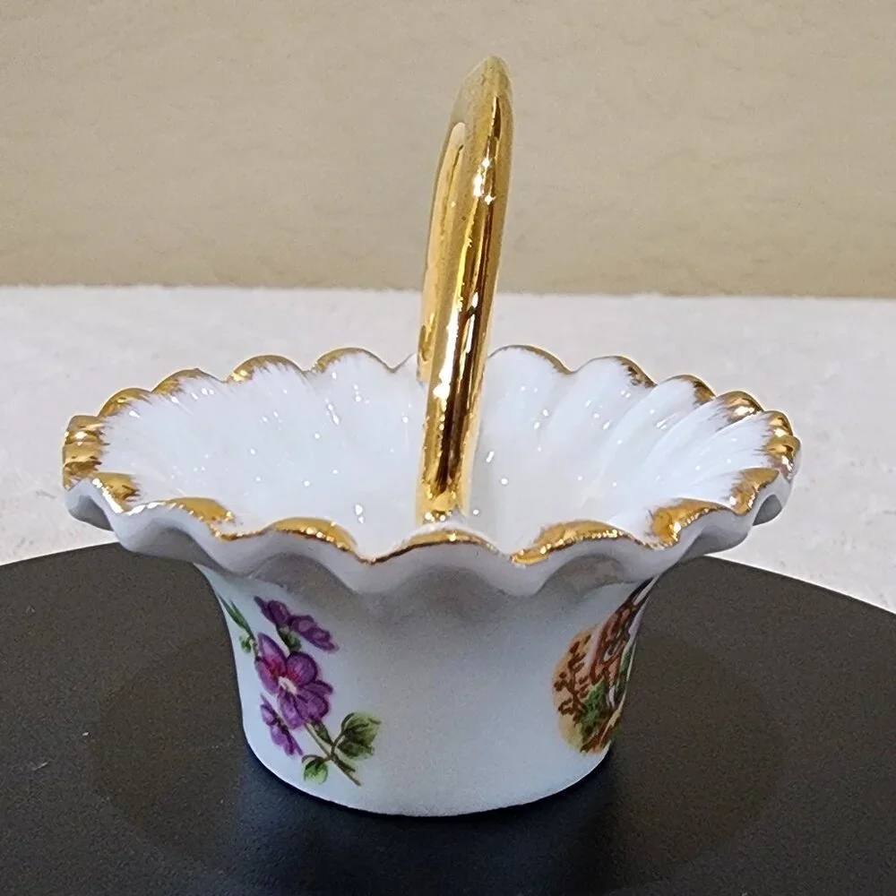 Courting Couple SALT Handled MINI Basket Vintage BRINTON Bone China Gold Accent